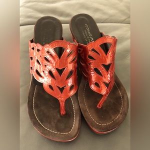 Donald J Pliner “Gustaf” cut out patent wedge sandal. Brick red color. Size 9.